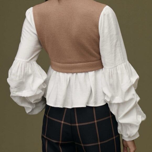 $148 Anthropologie Ruffled Layered Top Size Small Mixed Media Knit Vest Blouse - Picture 3 of 9